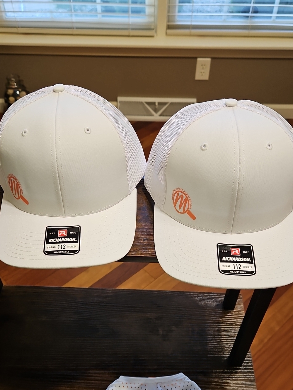Richardson White Trucker Hat with Orange Logo - Men's Mesh Cap